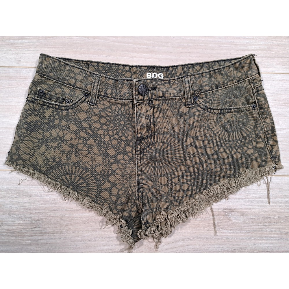 BDG Mia Low Rise Denim Shorts 26w Olive Green Lace‎ Print Frayed Boho Festival